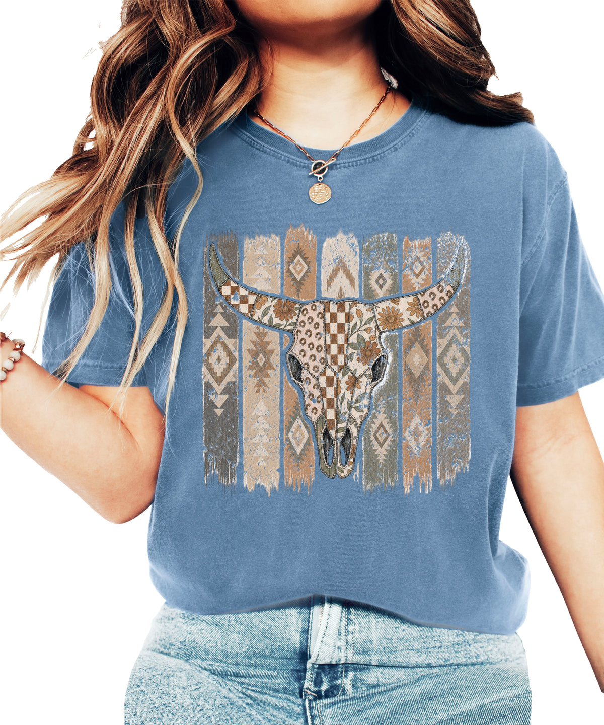 Aztec longhorn bull skull western graphic tee for women, Blue Jean Comfort Colors shirt, front view