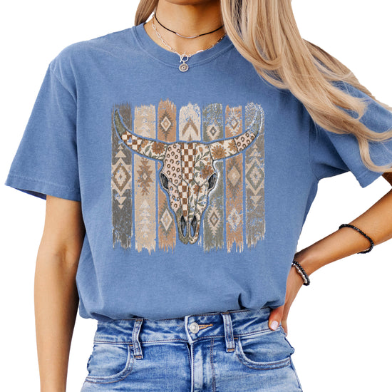 Aztec longhorn bull skull western graphic tee for women, Blue Jean Comfort Colors shirt, detail view