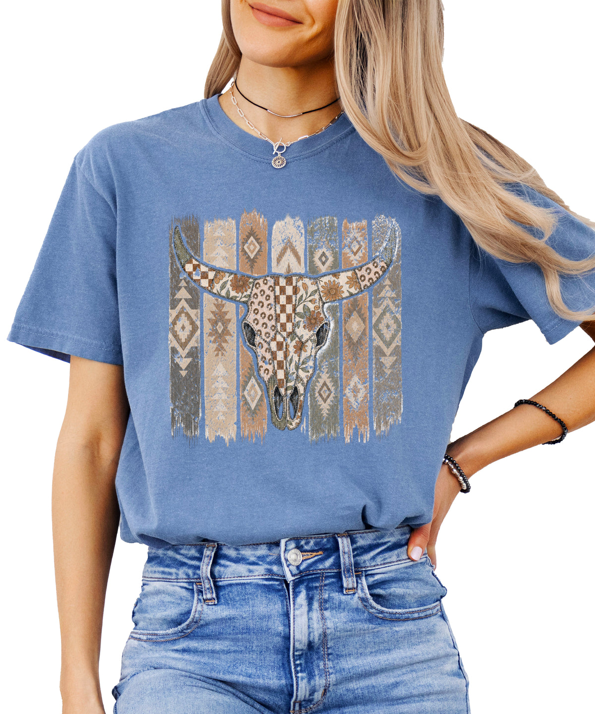 Aztec longhorn bull skull western graphic tee for women, Blue Jean Comfort Colors shirt, detail view