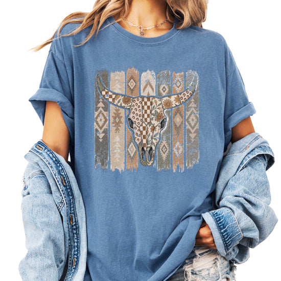 Aztec longhorn bull skull western graphic tee for women, Blue Jean Comfort Colors shirt, lifestyle view