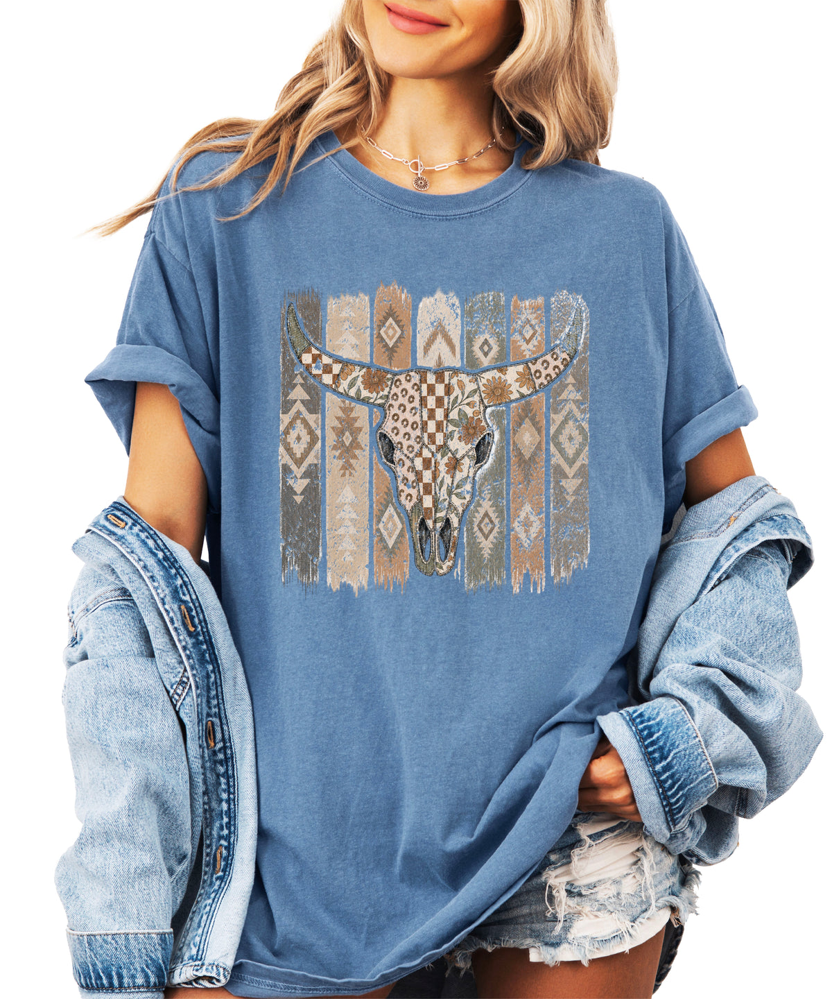 Aztec longhorn bull skull western graphic tee for women, Blue Jean Comfort Colors shirt, lifestyle view