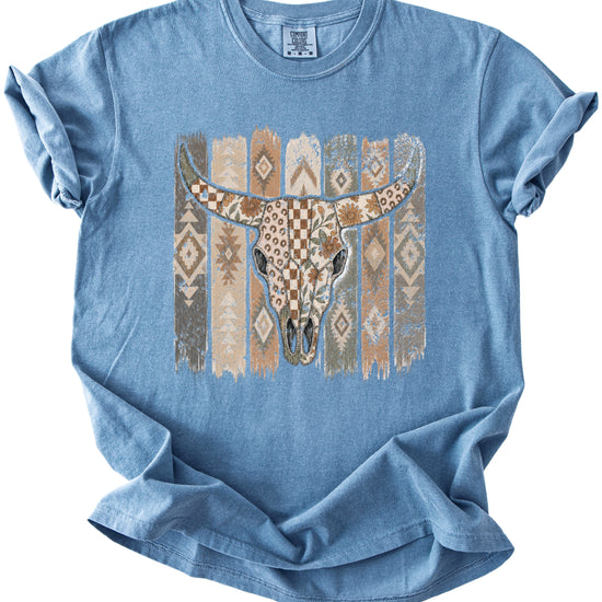Aztec longhorn bull skull western graphic tee for women, Blue Jean Comfort Colors shirt, alternate view