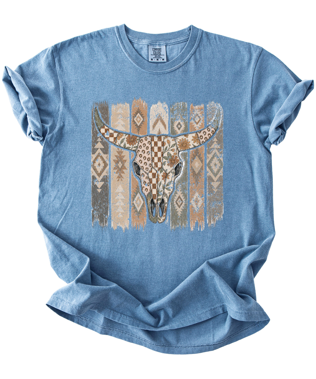Aztec longhorn bull skull western graphic tee for women, Blue Jean Comfort Colors shirt, alternate view