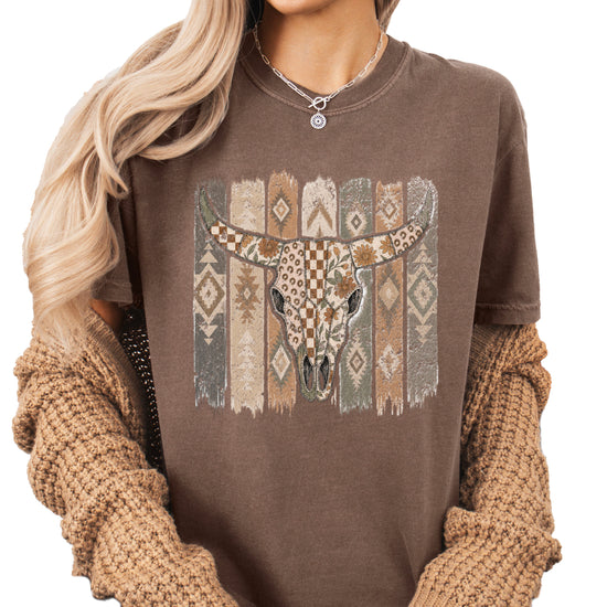 Aztec longhorn bull skull western graphic tee for women, Espresso Comfort Colors shirt, front view