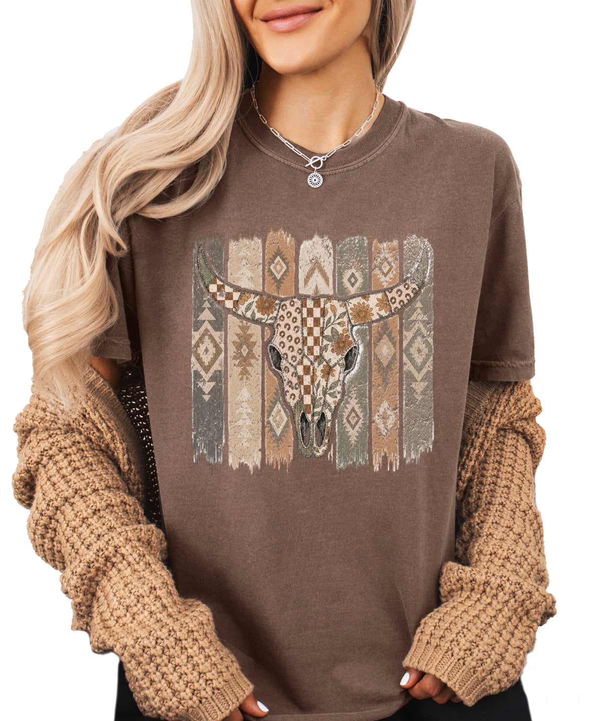 Aztec longhorn bull skull western graphic tee for women, Espresso Comfort Colors shirt, front view