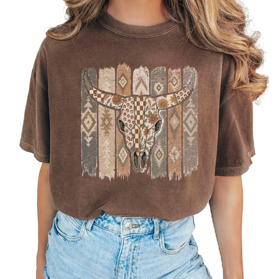 Aztec longhorn bull skull western graphic tee for women, Espresso Comfort Colors shirt, detail view