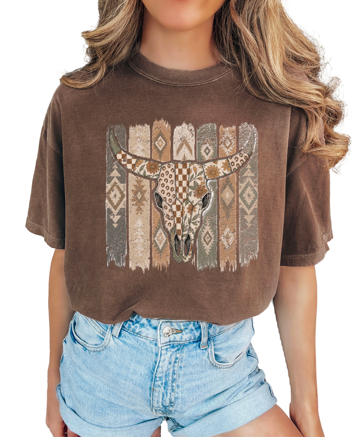 Aztec longhorn bull skull western graphic tee for women, Espresso Comfort Colors shirt, detail view