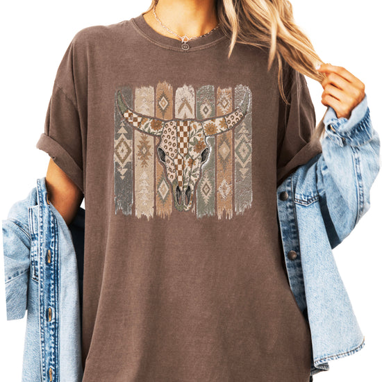 Aztec longhorn bull skull western graphic tee for women, Espresso Comfort Colors shirt, lifestyle view