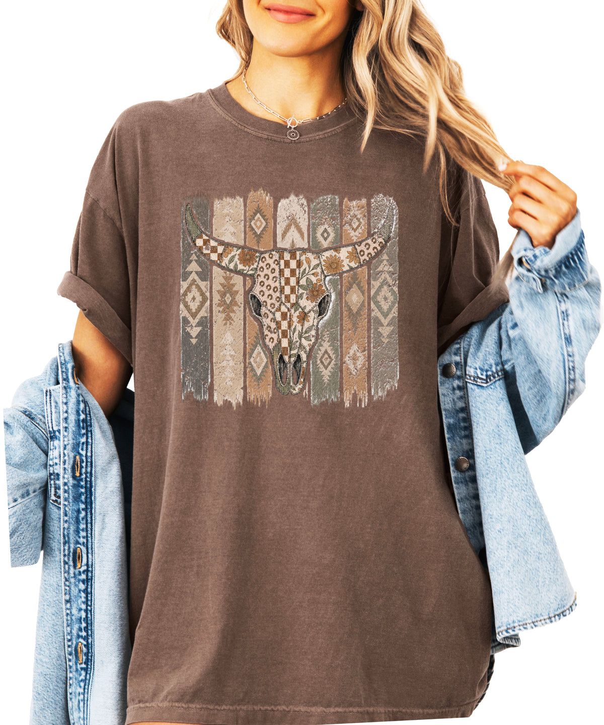 Aztec longhorn bull skull western graphic tee for women, Espresso Comfort Colors shirt, lifestyle view