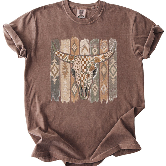 Aztec longhorn bull skull western graphic tee for women, Espresso Comfort Colors shirt, alternate view