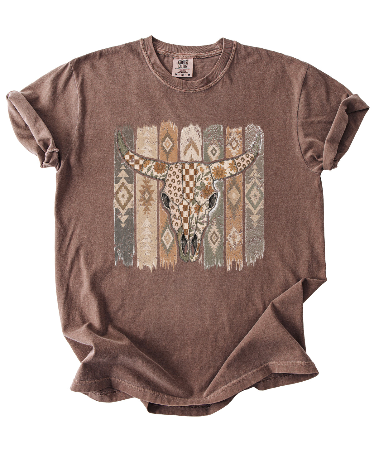 Aztec longhorn bull skull western graphic tee for women, Espresso Comfort Colors shirt, alternate view
