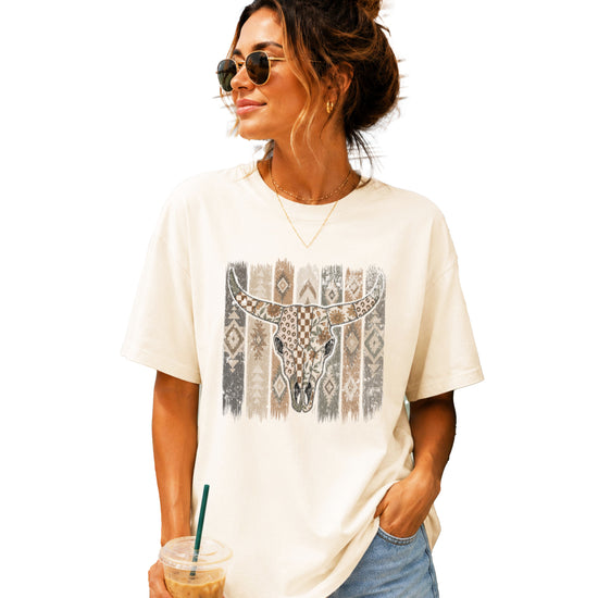 Aztec longhorn bull skull western graphic tee for women, Ivory Comfort Colors shirt, front view