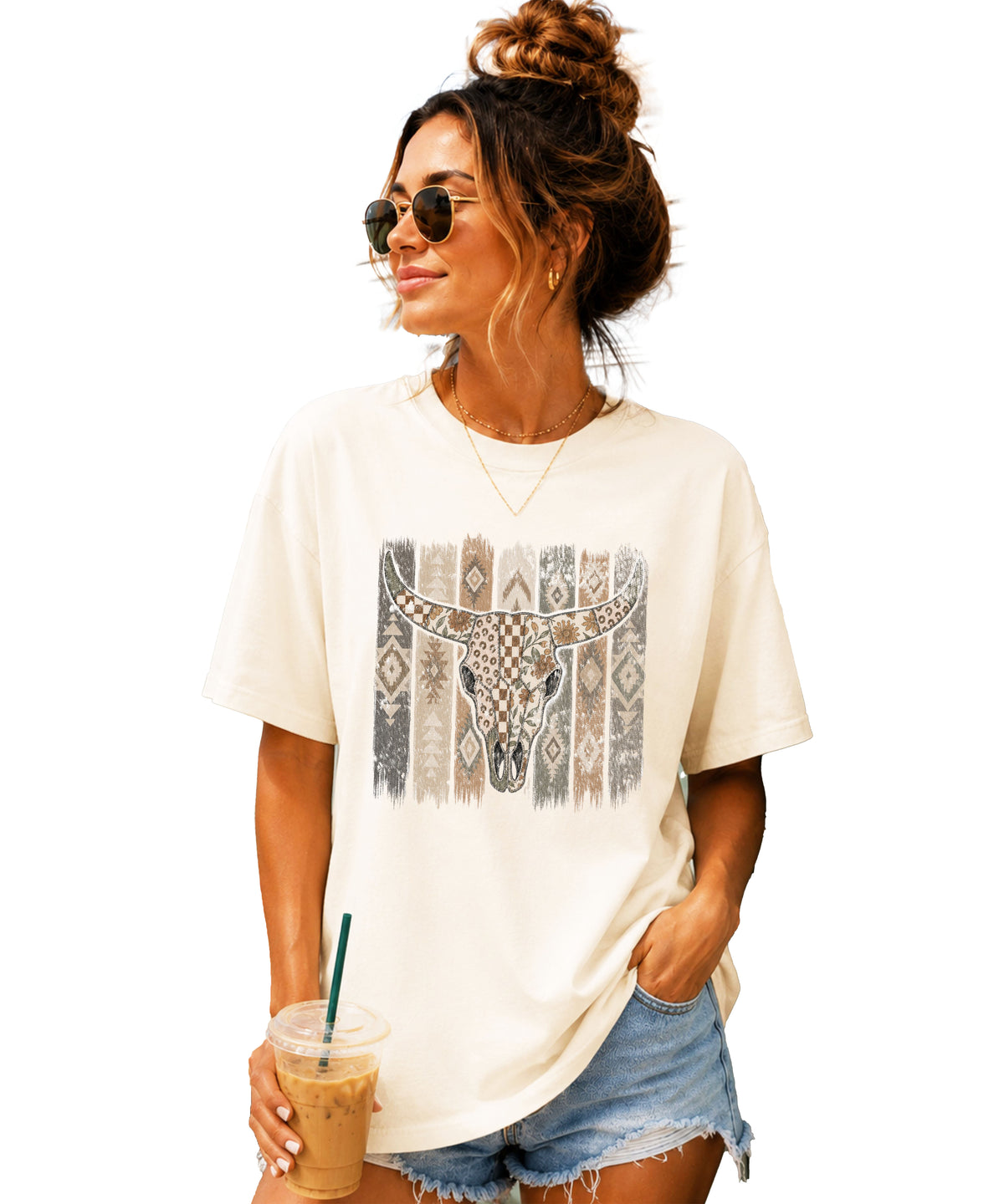 Aztec longhorn bull skull western graphic tee for women, Ivory Comfort Colors shirt, front view