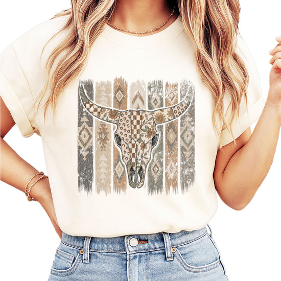 Aztec longhorn bull skull western graphic tee for women, Ivory Comfort Colors shirt, lifestyle view