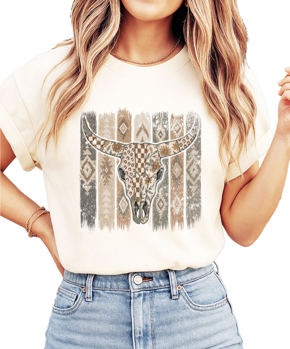 Aztec longhorn bull skull western graphic tee for women, Ivory Comfort Colors shirt, lifestyle view