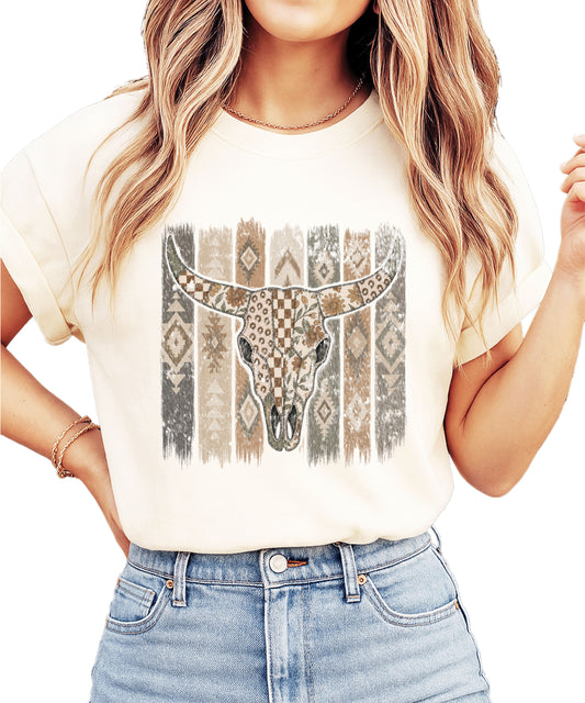 Aztec longhorn bull skull western graphic tee for women, Ivory Comfort Colors shirt, lifestyle view