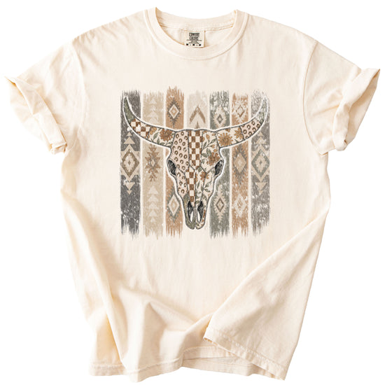 Aztec longhorn bull skull western graphic tee for women, Ivory Comfort Colors shirt, alternate view