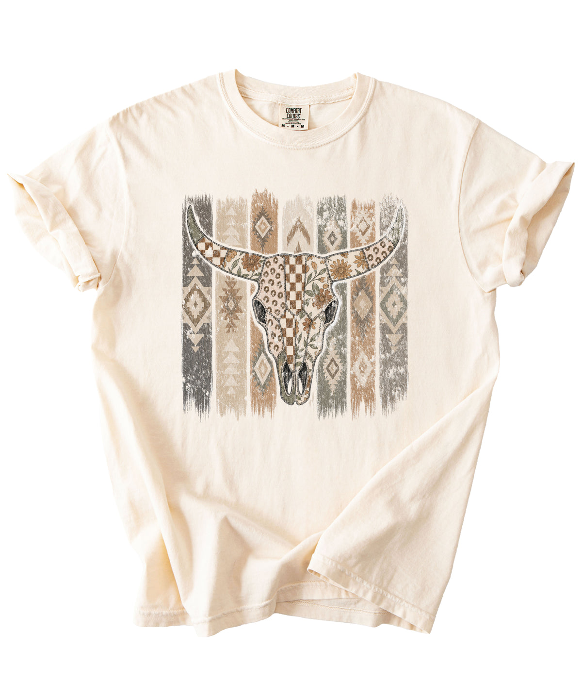 Aztec longhorn bull skull western graphic tee for women, Ivory Comfort Colors shirt, alternate view