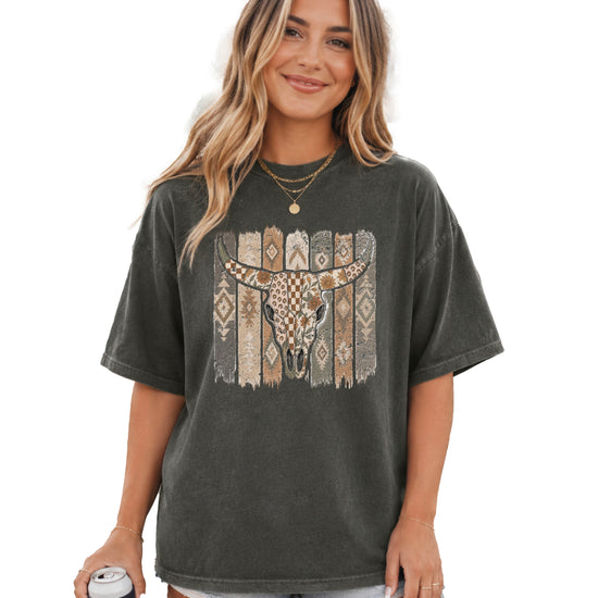 Aztec longhorn bull skull western graphic tee for women, Pepper Comfort Colors shirt, front view