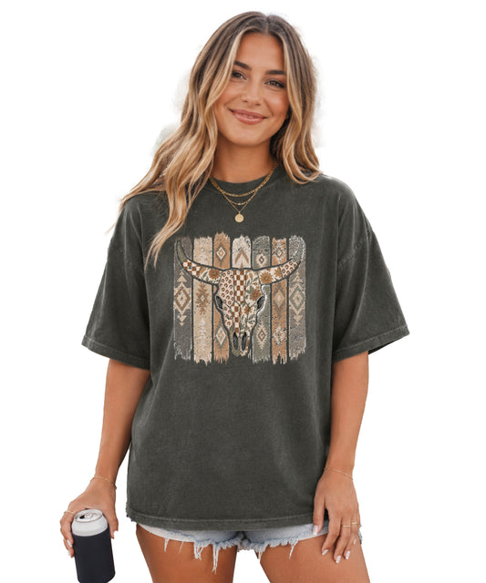 Aztec longhorn bull skull western graphic tee for women, Pepper Comfort Colors shirt, front view
