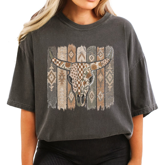Aztec longhorn bull skull western graphic tee for women, Pepper Comfort Colors shirt, detail view