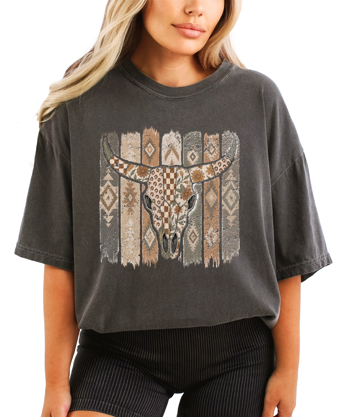 Aztec longhorn bull skull western graphic tee for women, Pepper Comfort Colors shirt, detail view