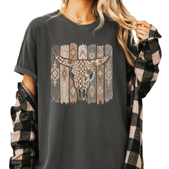 Aztec longhorn bull skull western graphic tee for women, Pepper Comfort Colors shirt, lifestyle view