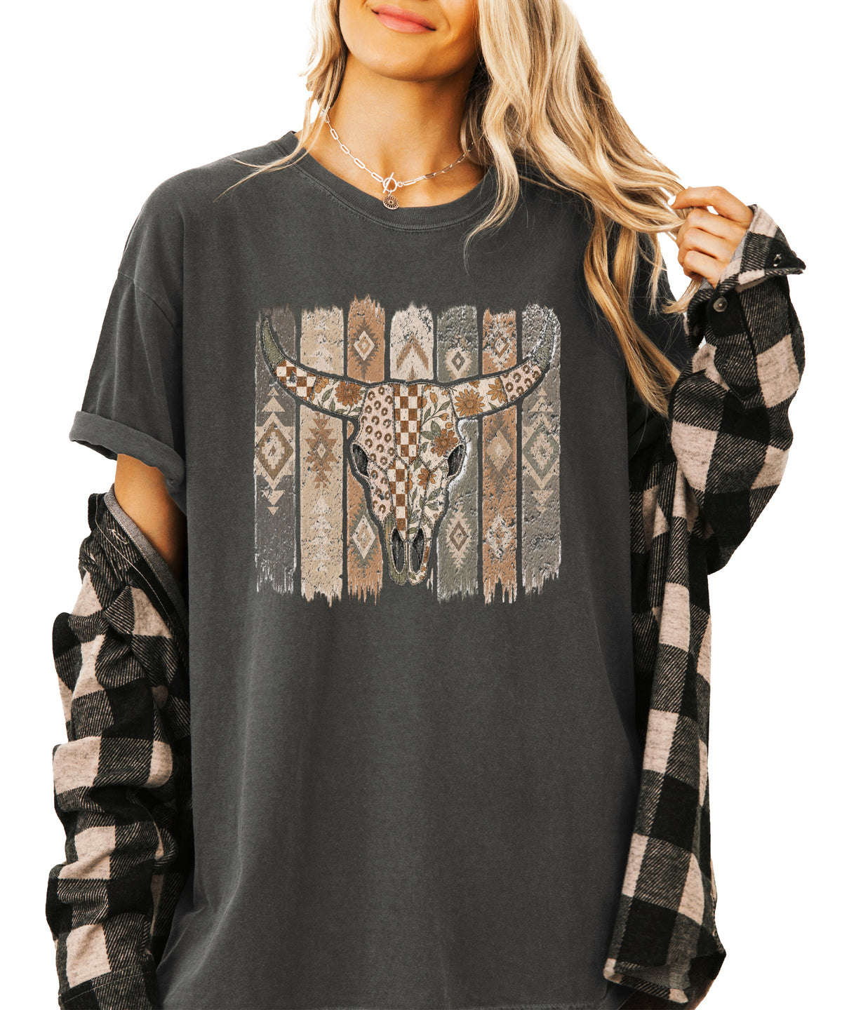 Aztec longhorn bull skull western graphic tee for women, Pepper Comfort Colors shirt, lifestyle view