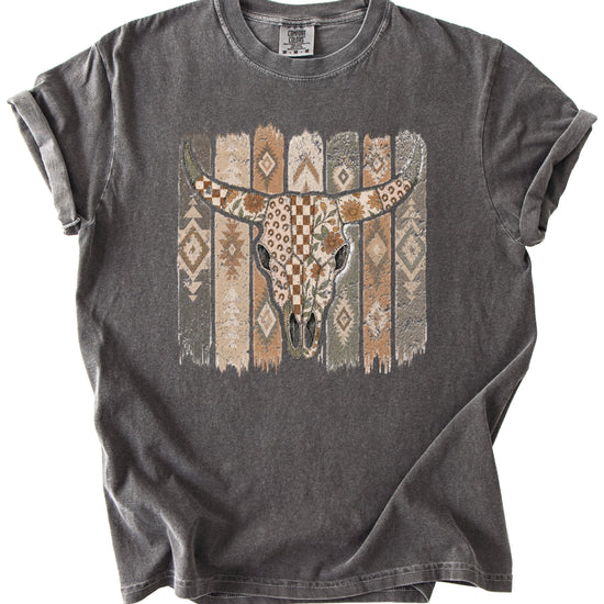Aztec longhorn bull skull western graphic tee for women, Pepper Comfort Colors shirt, alternate view