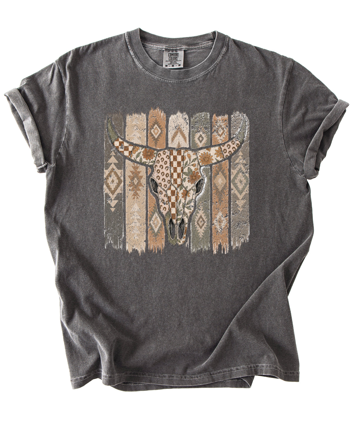 Aztec longhorn bull skull western graphic tee for women, Pepper Comfort Colors shirt, alternate view