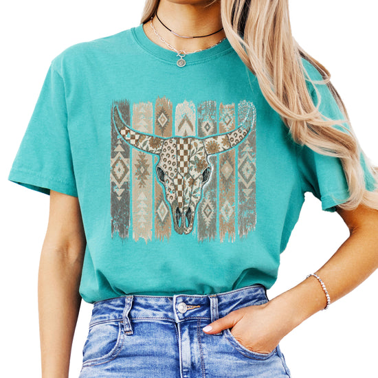 Aztec longhorn bull skull western graphic tee for women, Seafoam Comfort Colors shirt, front view