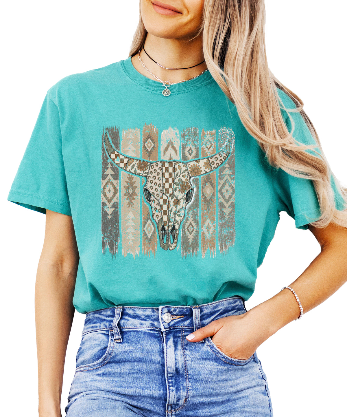 Aztec longhorn bull skull western graphic tee for women, Seafoam Comfort Colors shirt, front view