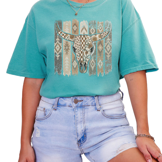 Aztec longhorn bull skull western graphic tee for women, Seafoam Comfort Colors shirt, detail view