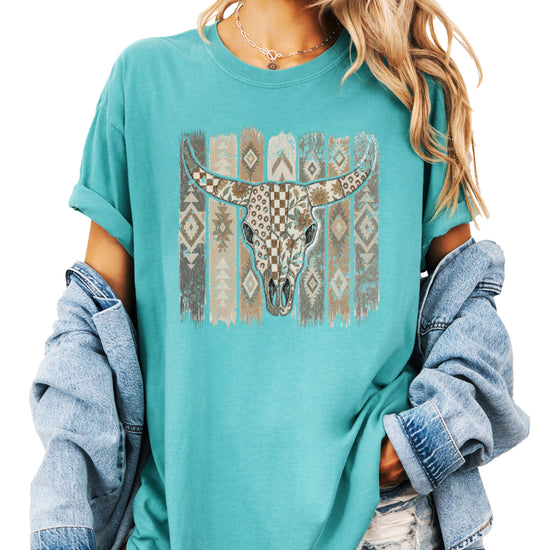 Aztec longhorn bull skull western graphic tee for women, Seafoam Comfort Colors shirt, lifestyle view