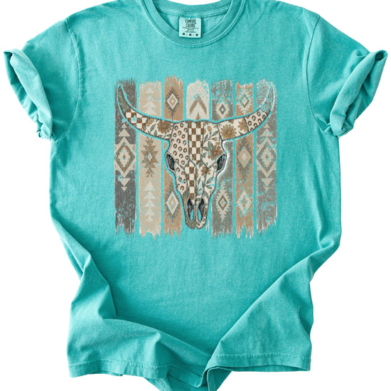 Aztec longhorn bull skull western graphic tee for women, Seafoam Comfort Colors shirt, alternate view