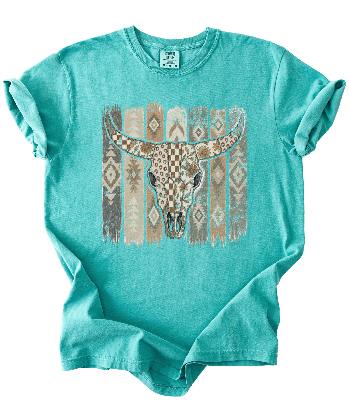 Aztec longhorn bull skull western graphic tee for women, Seafoam Comfort Colors shirt, alternate view