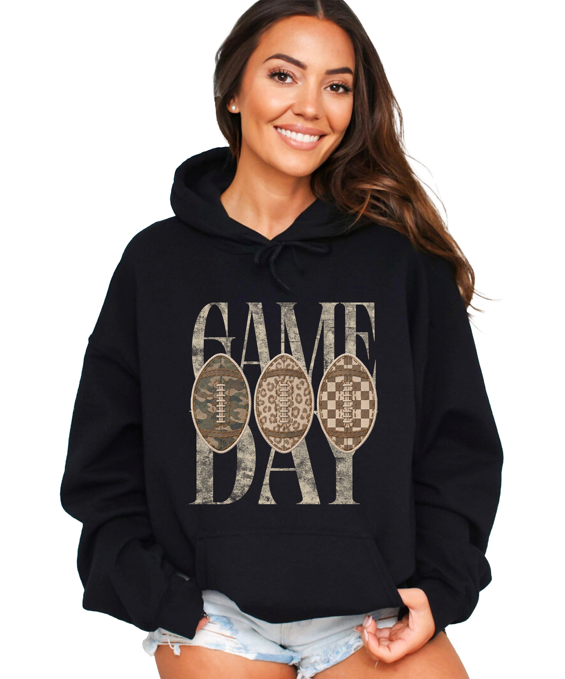 Game Day football hoodie for women in Black with camo leopard checkered footballs, front view