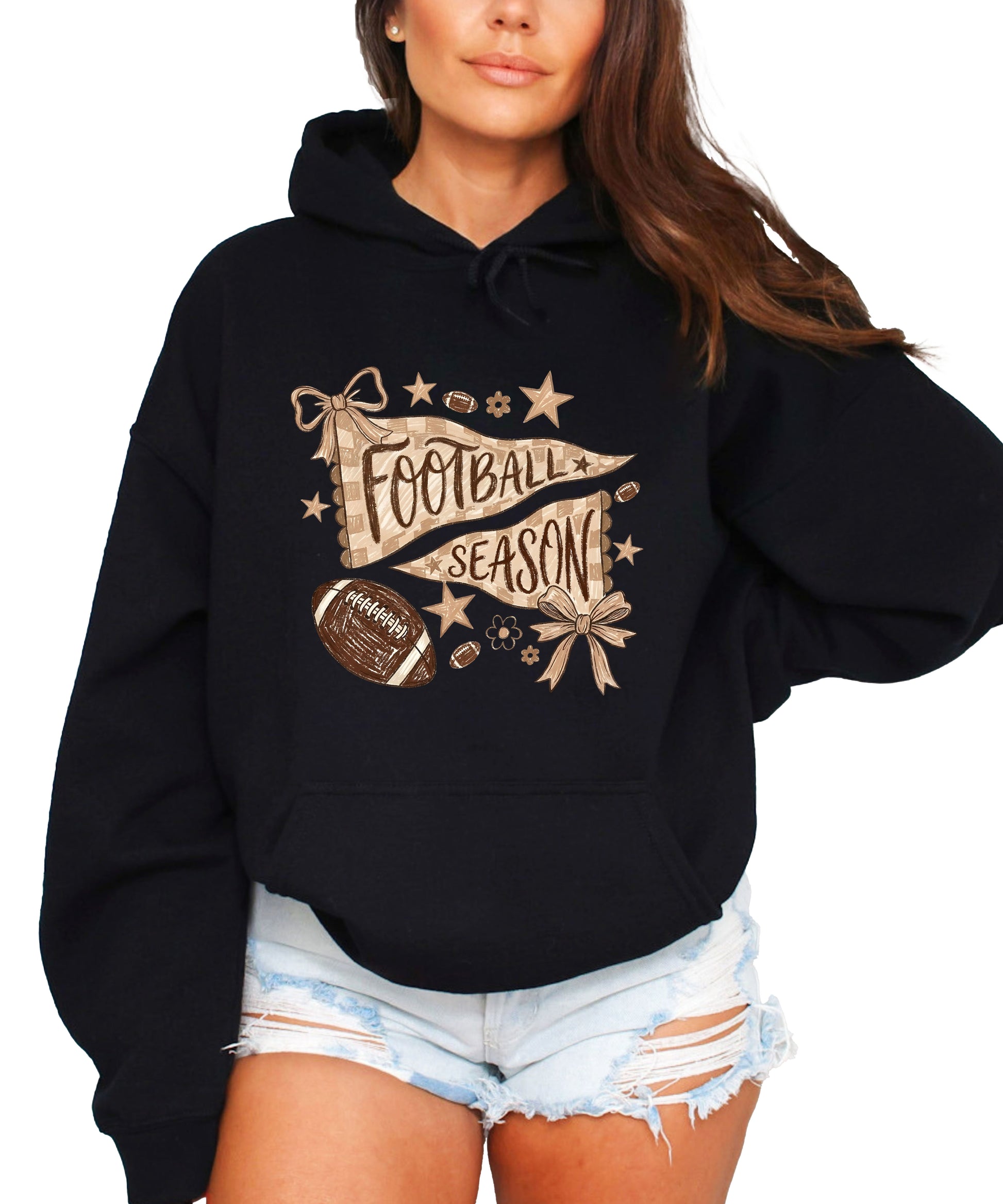 Football Season Coquette Bow Pennant Game Day Hoodie for Women - Black - view 1