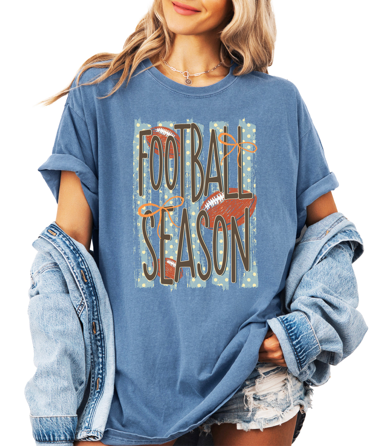 Football Season coquette bow Comfort Colors tee in Blue Jean - front view