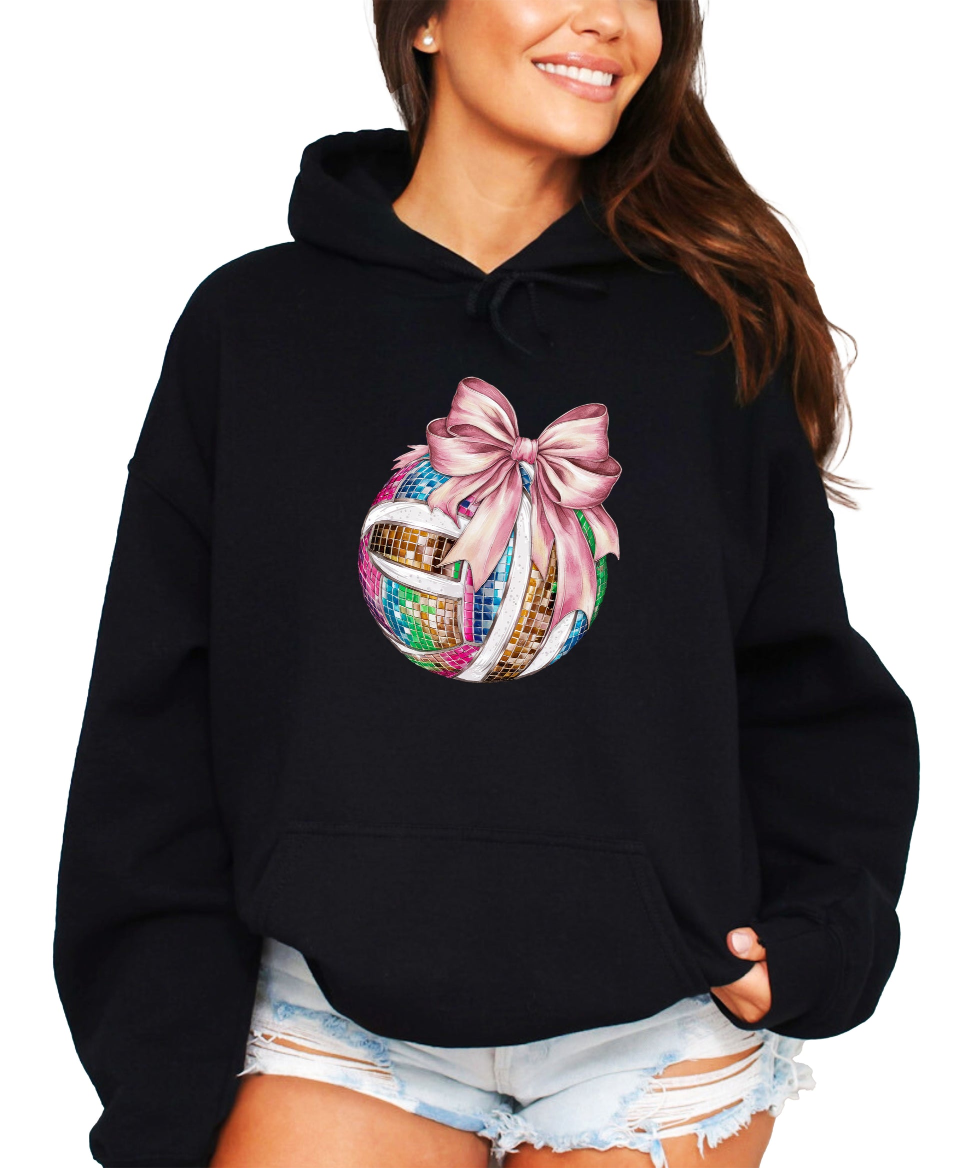 Disco Volleyball Coquette Bow Hoodie - Black - View 1