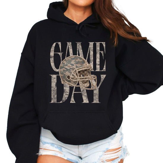 Game Day Camo football helmet hoodie in Black - front view