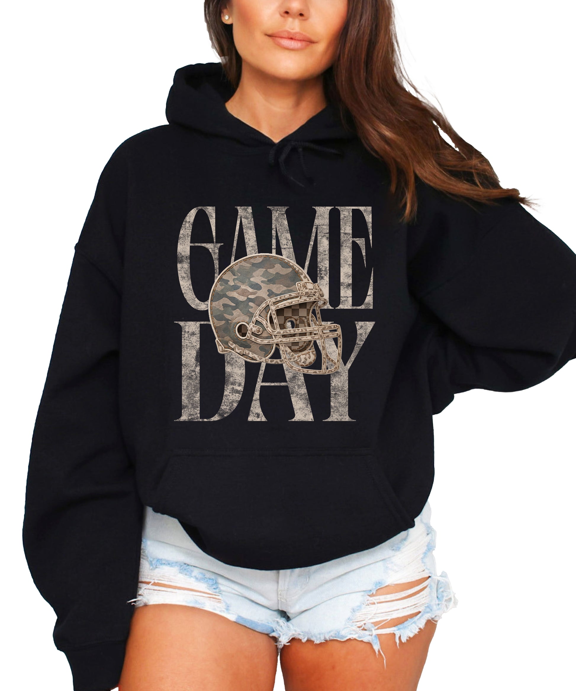 Game Day Camo football helmet hoodie in Black - front view