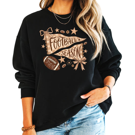 Football Season Coquette Bow Pennant Game Day Crewneck Sweatshirt - Black Sweatshirt view 1