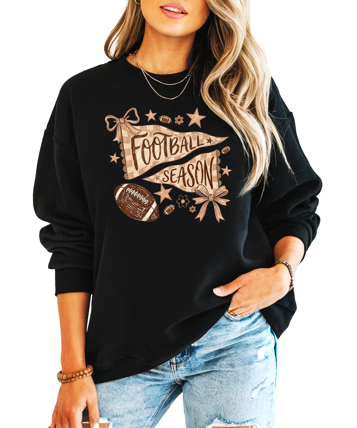 Football Season Coquette Bow Pennant Game Day Crewneck Sweatshirt - Black Sweatshirt view 1