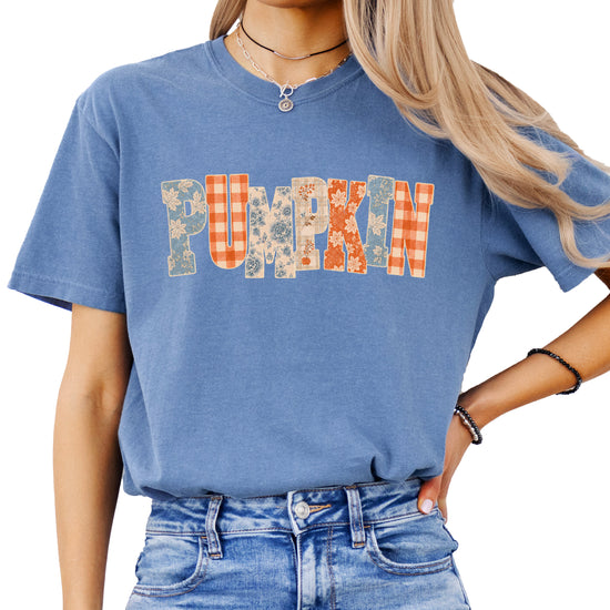 Pumpkin patch fall graphic tee for women in Blue Jean on Comfort Colors 1717, front view