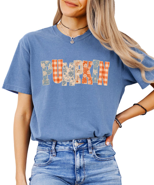 Pumpkin patch fall graphic tee for women in Blue Jean on Comfort Colors 1717, front view
