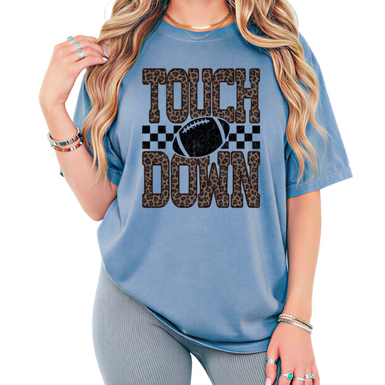 Leopard Print Touchdown Comfort Colors tee in Blue Jean - front view