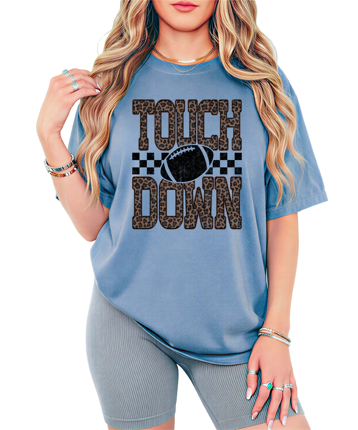 Leopard Print Touchdown Comfort Colors tee in Blue Jean - front view