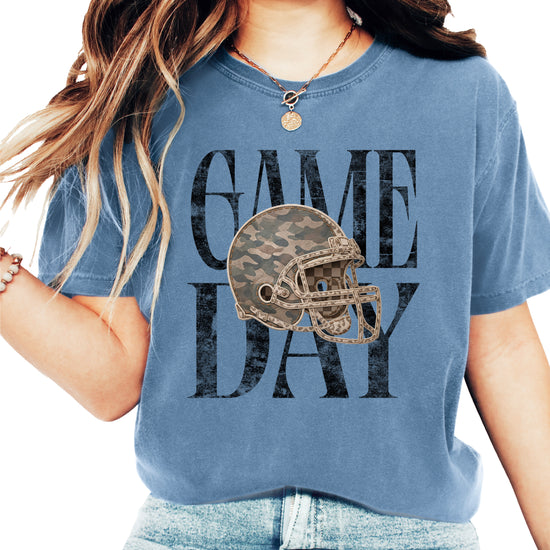 Blue Jean Shirt Game Day Camo Football Helmet Comfort Colors tee view 1 - Olive Loves Apple