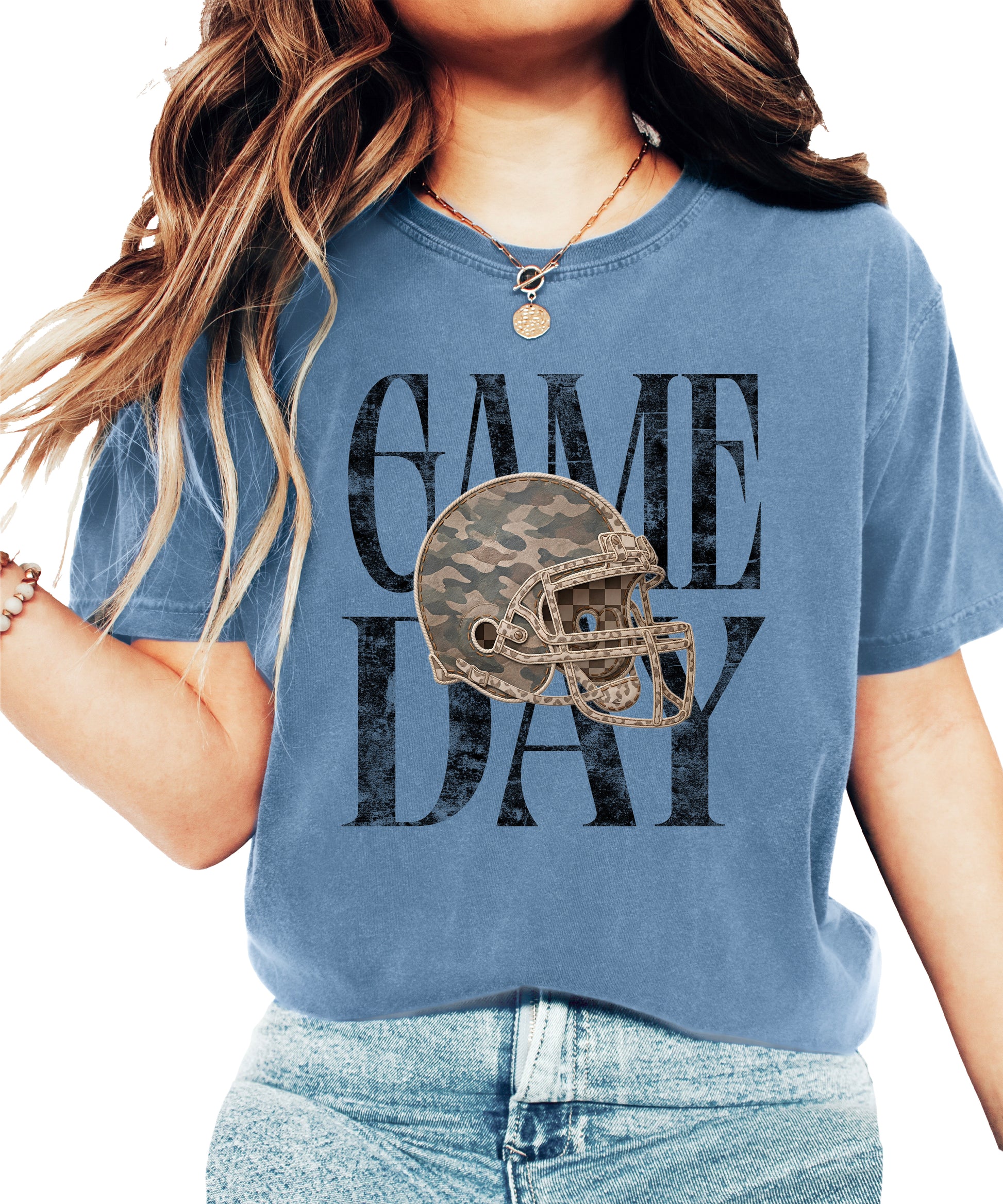 Blue Jean Shirt Game Day Camo Football Helmet Comfort Colors tee view 1 - Olive Loves Apple